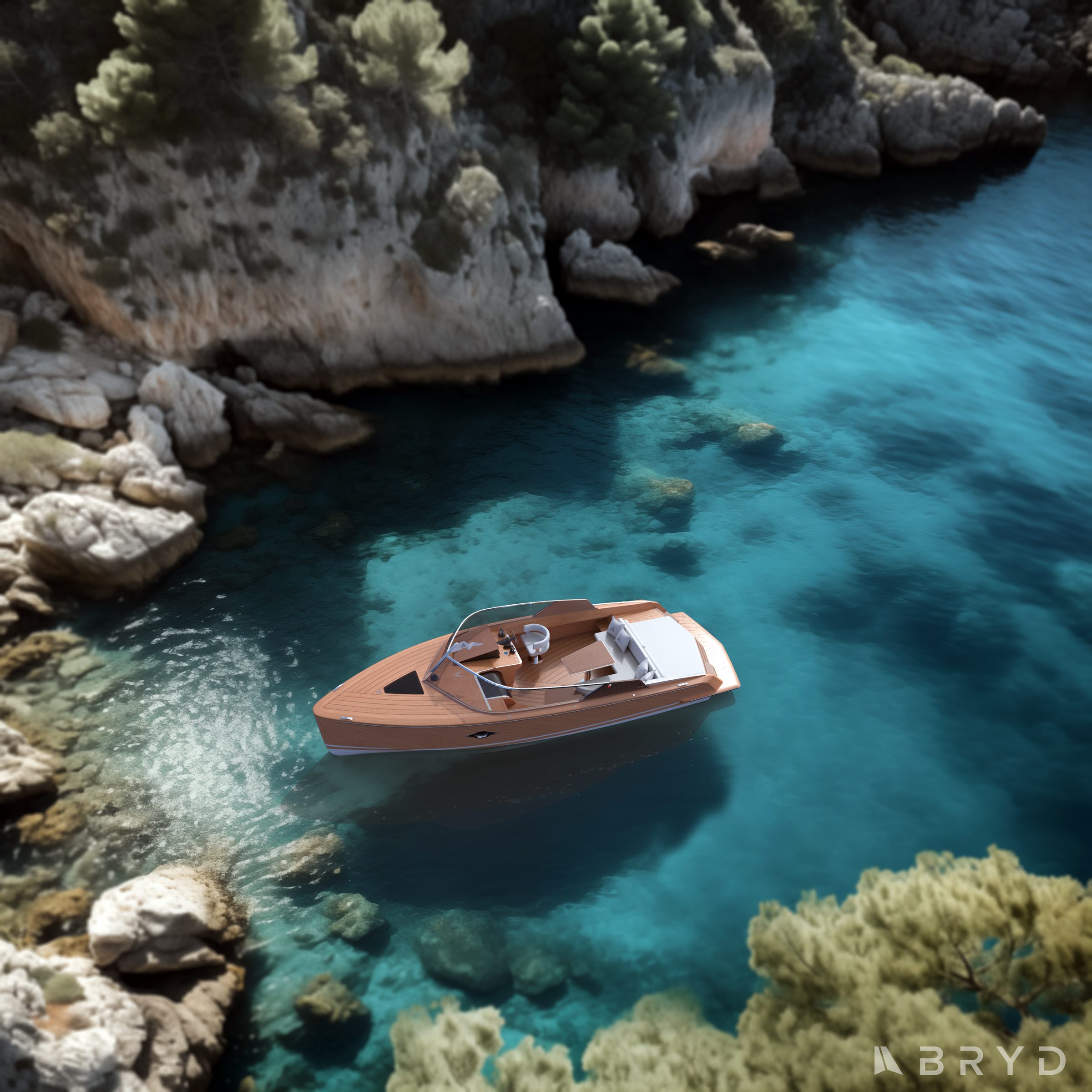 Artis 25 at anchor in a rocky cove